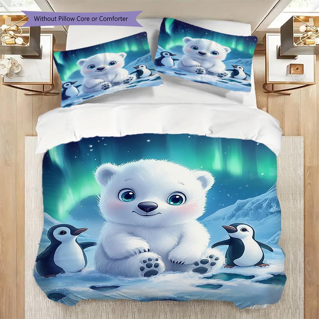 Polar Bear Pattern Bedding Quilt Set Quilt Cover Pillowcase Home Decoration Birthday Gift (1 * Duvet Cover + 2 * Pillowcase, Without Core)