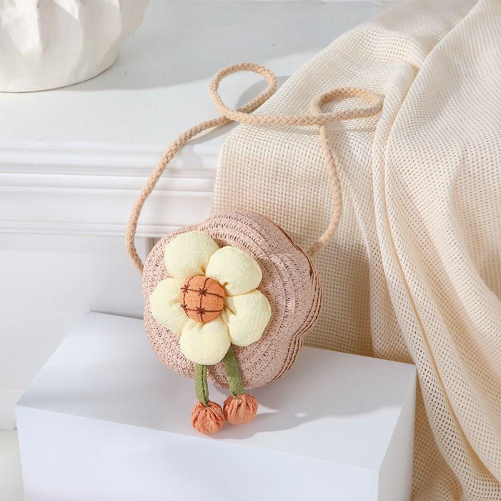 Прочная соломенная сумка через плечо цветочный плетеный кошелек для монет сумка для девочек и детей летняя милая мини-сумочка принцессы коричневый 829₽