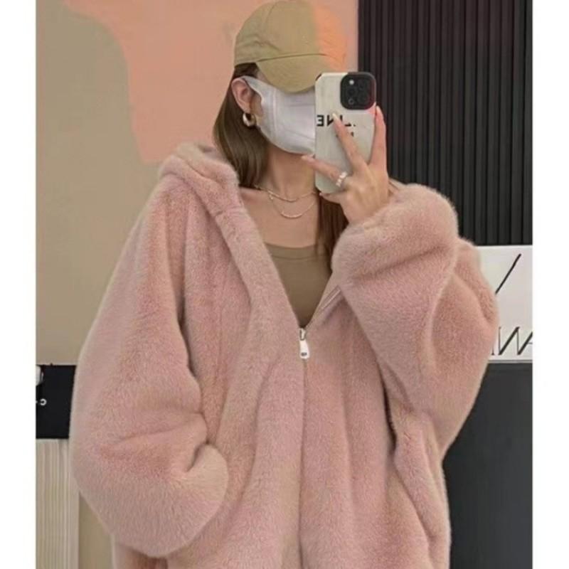 Women's Winter Fleece Hooded Jacket Solid Color Oversized Short-Sleeve Short-Length Jacket