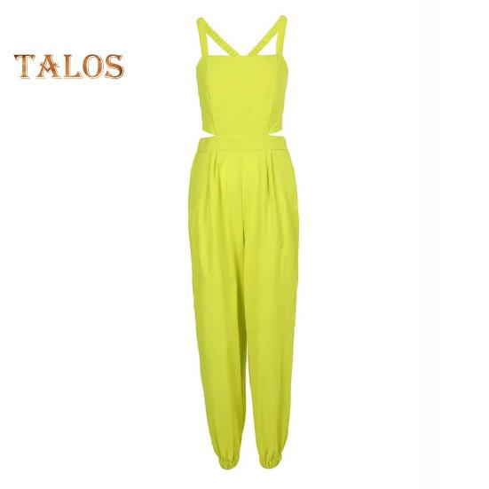 Women Jumpsuit Sleeveless Color Matching Printed Lace-up Bow Cross Back Pockets Ankle-banded Backless High Waist Lady Commute Party