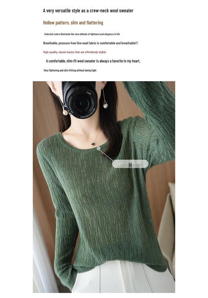 Women's High-Quality Round Neck Crochet Knit Pullover - Long Sleeve, Lightweight, Warm Wool Base Layer Top