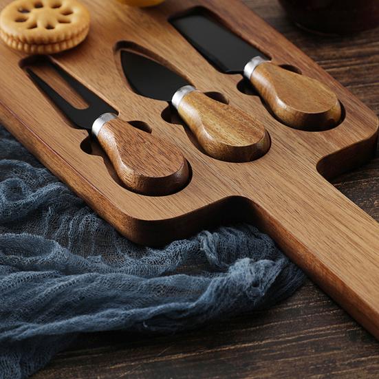 Cheese Plate Set with Natural Wood Board Knives Food-Grade Coating Moisture-Proof Semi-hard Cheese Board