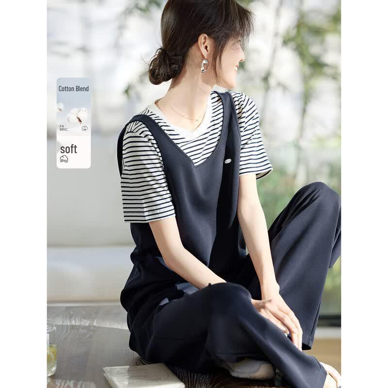 XWI Women s Cotton Striped Color-Block Casual Two-Piece Set L