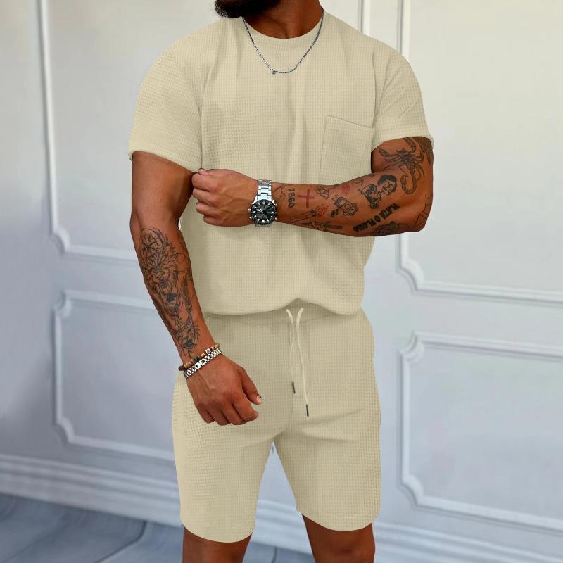 Summer Men's Trend Waffle Crew Neck Pocket Short Sleeve Shorts Casual Sports Cover
