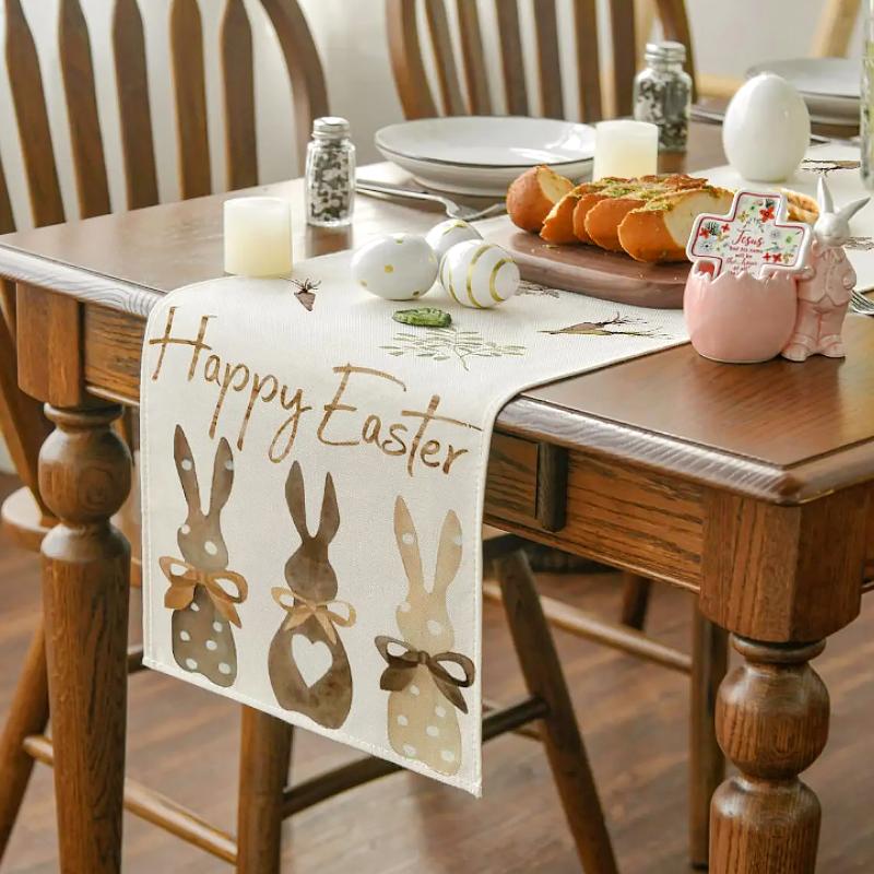 1PC Bunny Rabbit Flowers 13x72" Kitchen Dining Cute Table Runner 2025 Home Party Decor Linen Easter