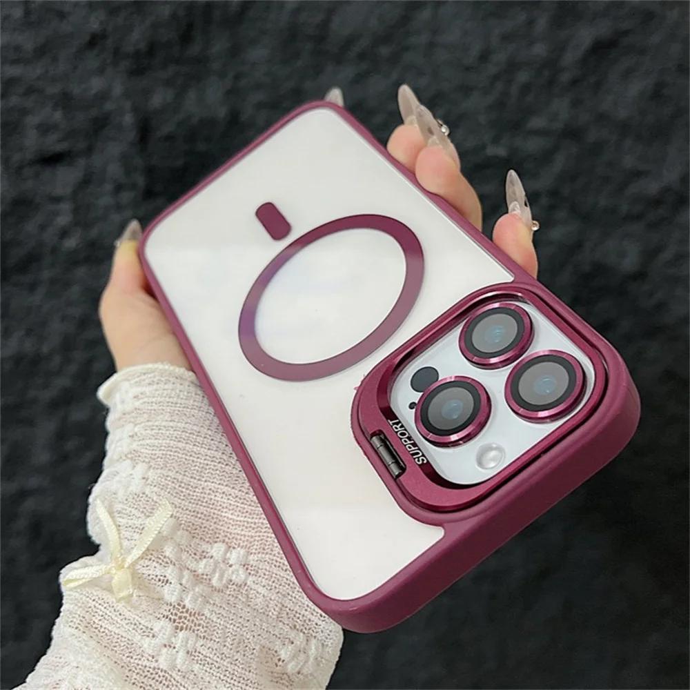 iPhone 16 15 14 13 12 11 Pro Max 16 Plus İçin Magsafe Standlı Manyetik Darbeye Dayanıklı Lüks Telefon Kılıfı Cam Lens Koruyucu Kapak