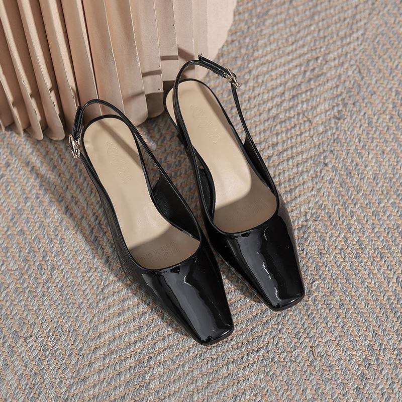

Летние туфли с квадратным носком из лакированной кожи, французские сандалии с пустым носком и застежкой-молнией на высоком каблуке 2025 года, женские туфли на шпильке 34 чёрный