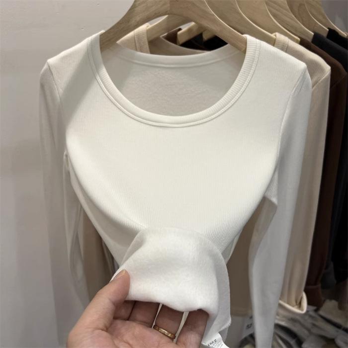 German velvet low-necked bottoming shirt for women's autumn inner wear, slim and thin, versatile, thickened thin velvet warm long-sleeved t-shirt top