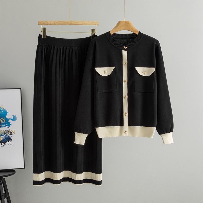

Korean Style Knit Cardigan & Pleated Skirt Two-Piece Women s Set One Size чорний