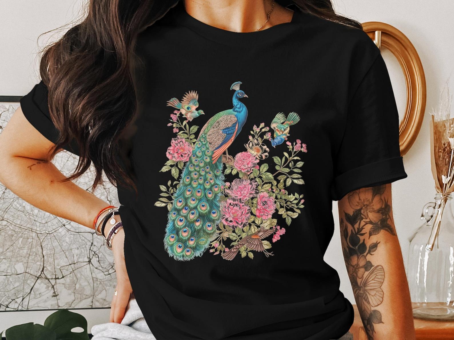 Vintage Peacock and Floral Design Tee, Cottagecore Boho T-Shirt, Nature Lover Gift, Botanical Graphic Tee, Artistic Bird Print Shirt 2XL