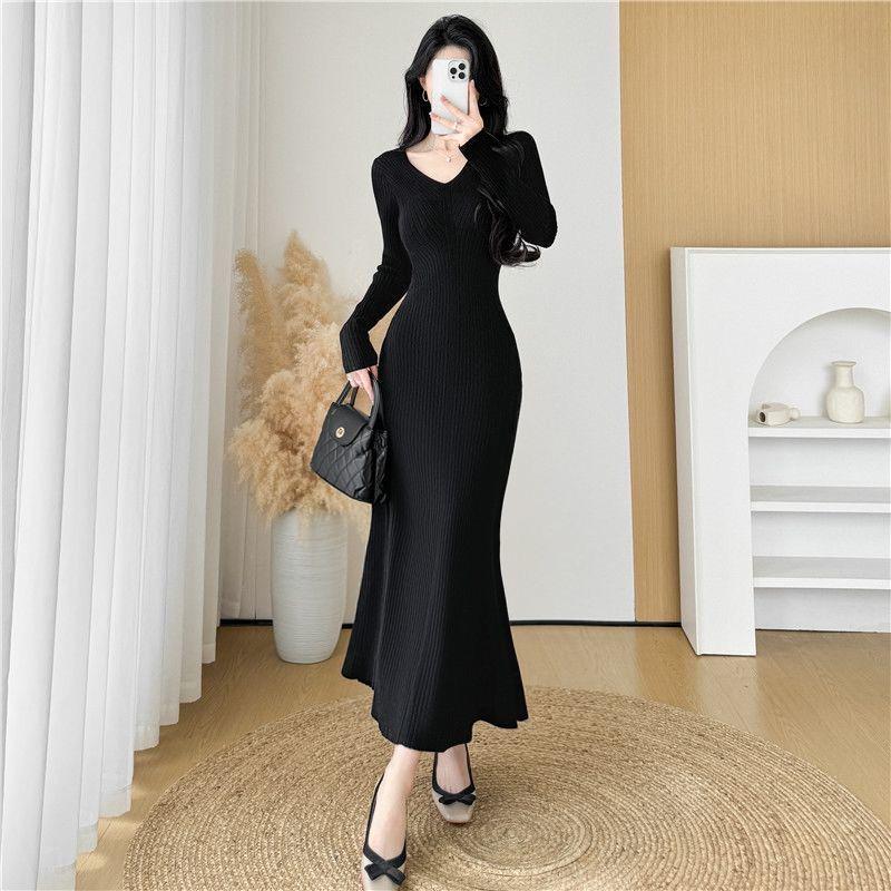 

Women s Autumn/Winter Knit Wool Dress: Slim Fit Fishtail Design with Inner Coat Layer XL (111-125 jin) чёрный