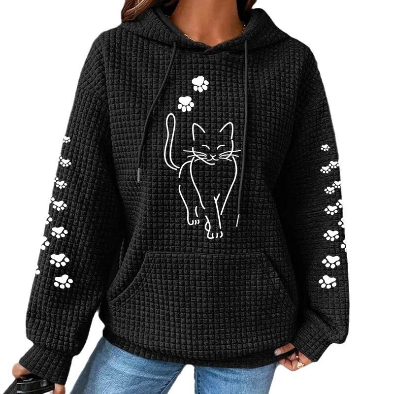 2023 Women's Waffle Knit Hooded Sweatshirt - Loose Fit, Long Sleeve, Letter Print, European Size (Autumn/Winter Collection)