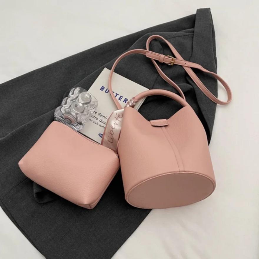 

Girls Large Capacity Bucket Bag Ladies Fashion Shoulder Bag Handbag Hundreds Of Two Sets Slant Cross Bag Scarf Ornament Pu