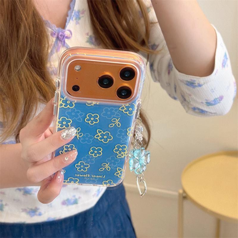 Kawaii Blue Yellow Line Floral Clear Phone Case With Matching Wrist Strap For iPhone 14 15 16 17 Pro Max INS Cute Shockproof Cov