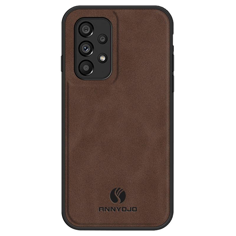 

ANNYOJO For Samsung Galaxy A53 5G PU Leather Coated PC+TPU Cover Anti-scratch Phone Case Coffee
