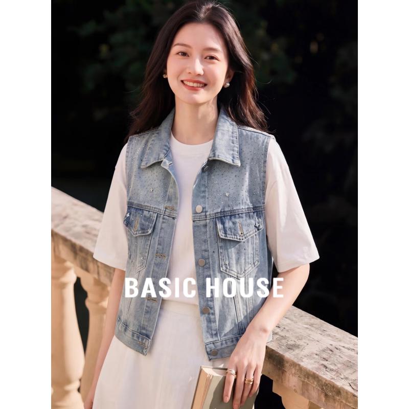 Базовый женский джинсовый жилет Basic House, украшенный стразами One Size