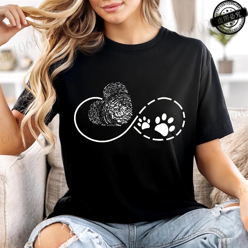 Summer T-shirt Fashion Heart Dogs Paw Print Casual Tops Colorful Heart Paws Printed Tops Cartoon Graphic Printed Tees Black Tops