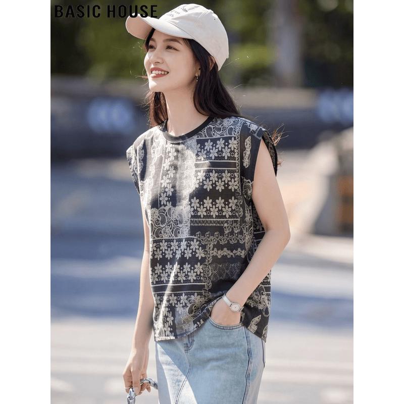 Basic House Women s Floral Print Lyocell Linen Flutter Sleeve T-Shirt M