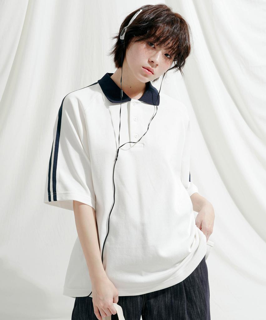 JEMUT Forward Oversized Collared Short Sleeve T-Shirt Ivory Oyst2559