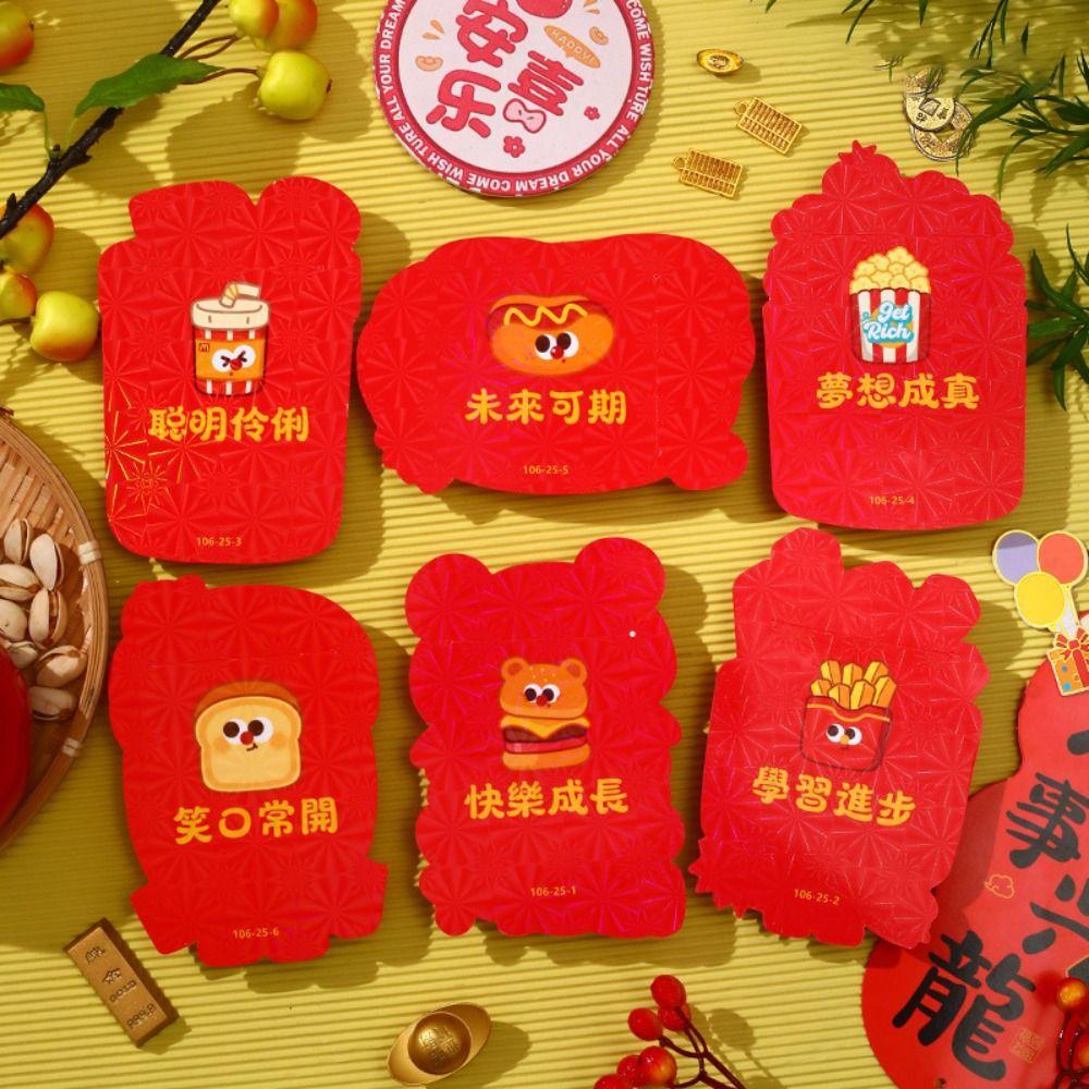 6Pcs Cartoon Chinese Snake Year Red Envelope Blessings Printing Traditional New Year Money Envelope Mixed Pattern Best Wishes
