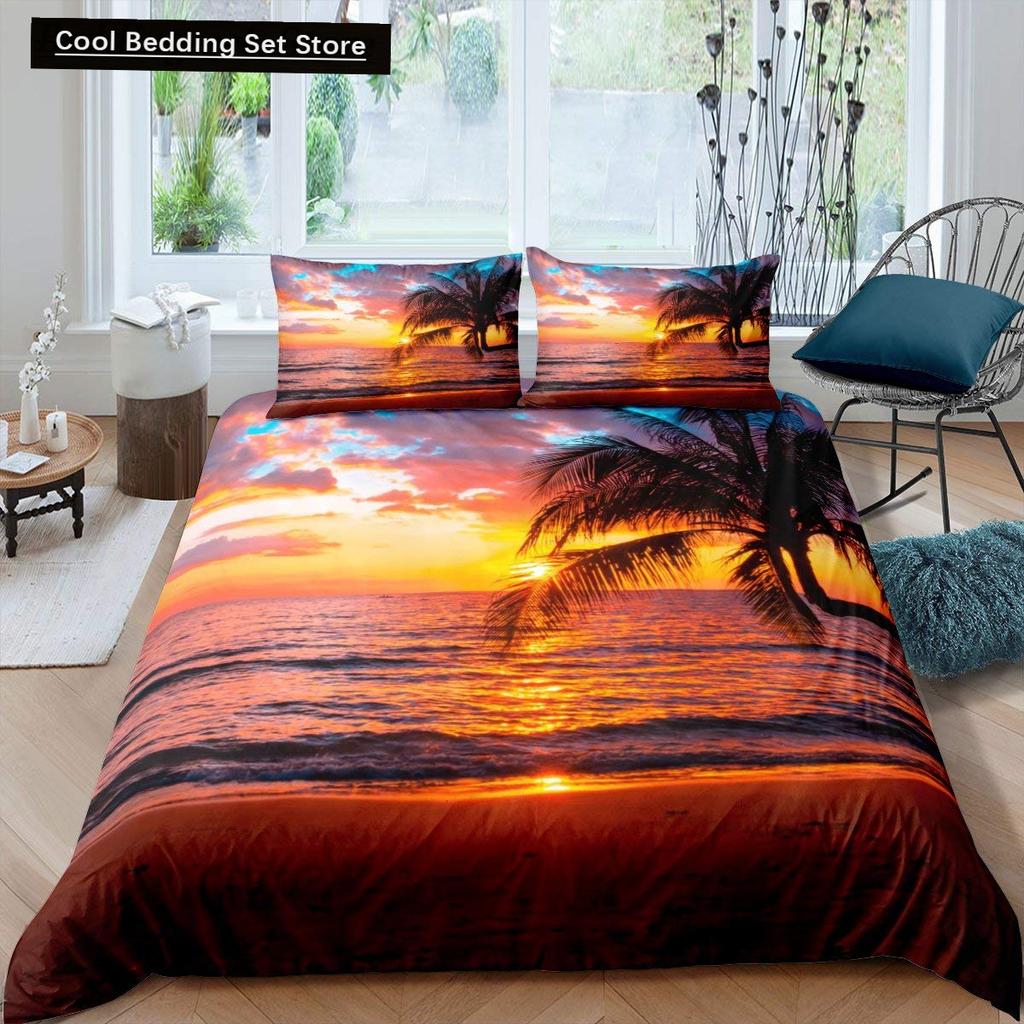 Summer Beach King Queen Duvet Cover Blue Ocean Fish Bedding Set Hawaiian Sea Palm Trees Quilt Cover Marine Life Comforter Cover