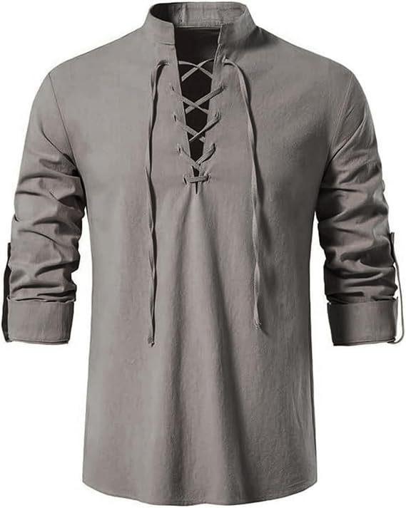 2024 Herren Baumwolle Henley Hippie Lässig Strand Langarm Stehkragen Hemd A275