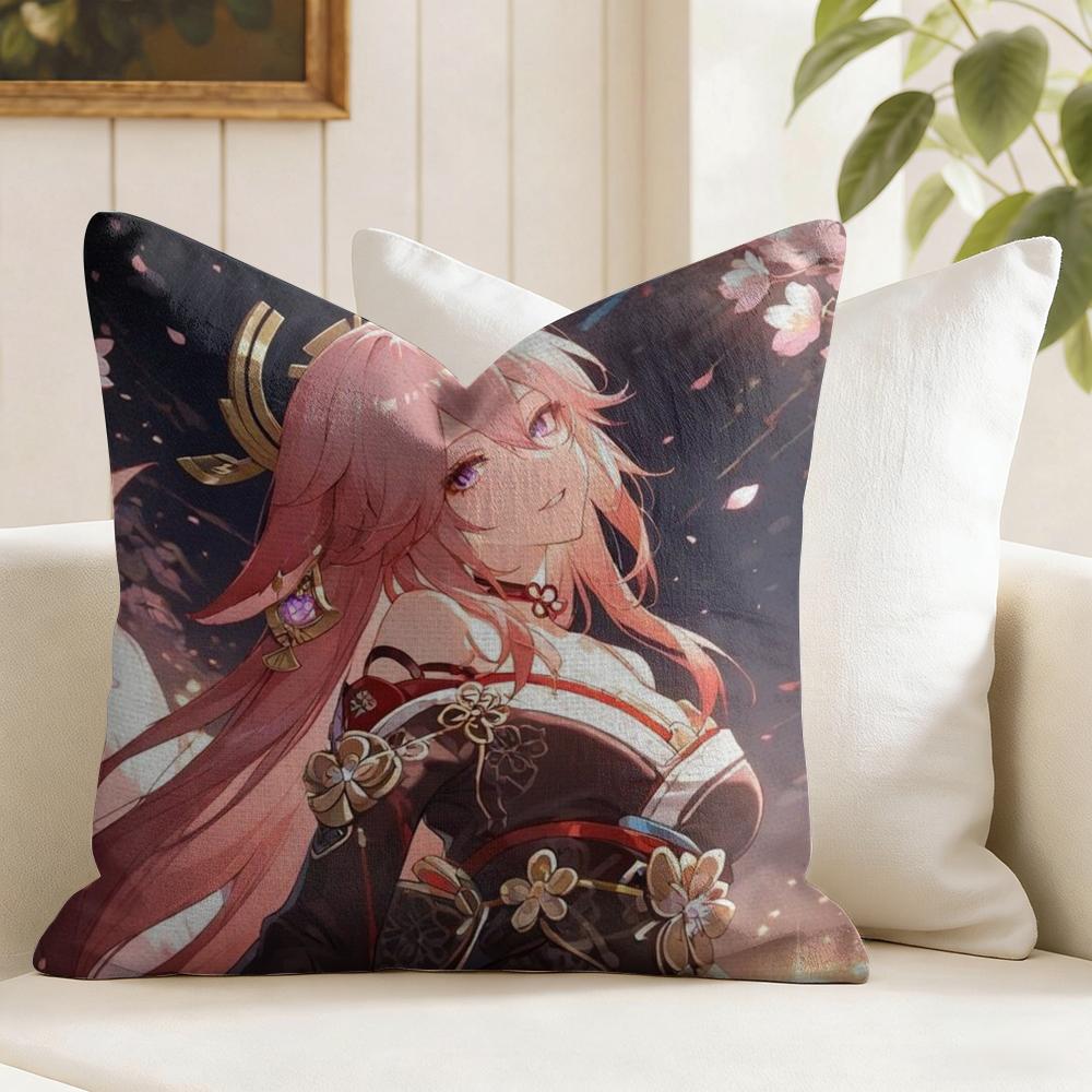 Yae Shrine Maiden Genshin Impact Cushion Cover Natural Linen Double Sided Print Throw Pillow Case for Sofa Couch Home Decor