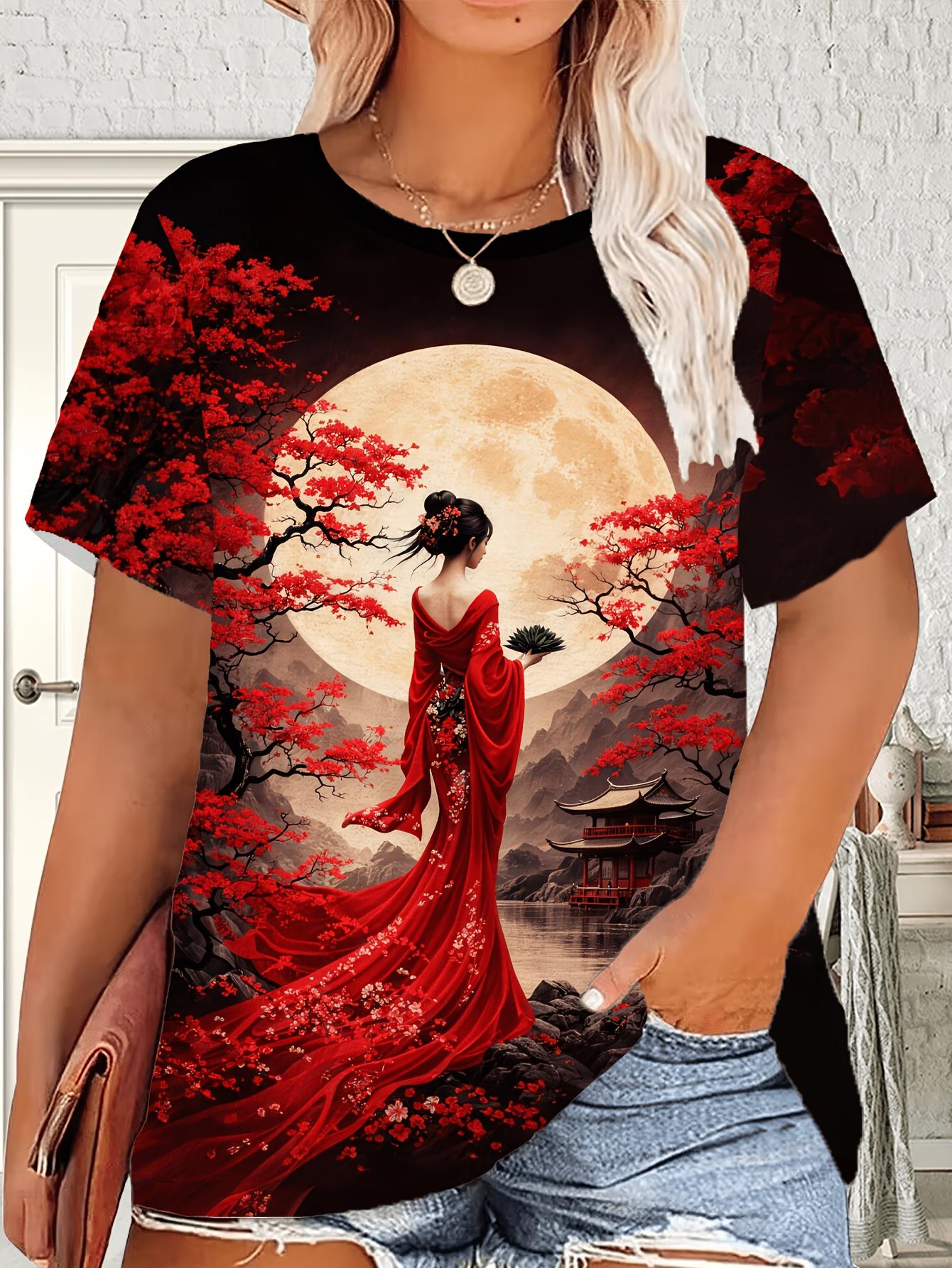 

[Printed Design- No Texture] Comfortable Vacation Casual Elegant Style with Painted Figures And Cherry Blossom Elements Printed Pattern Women S Round S дубильная кора