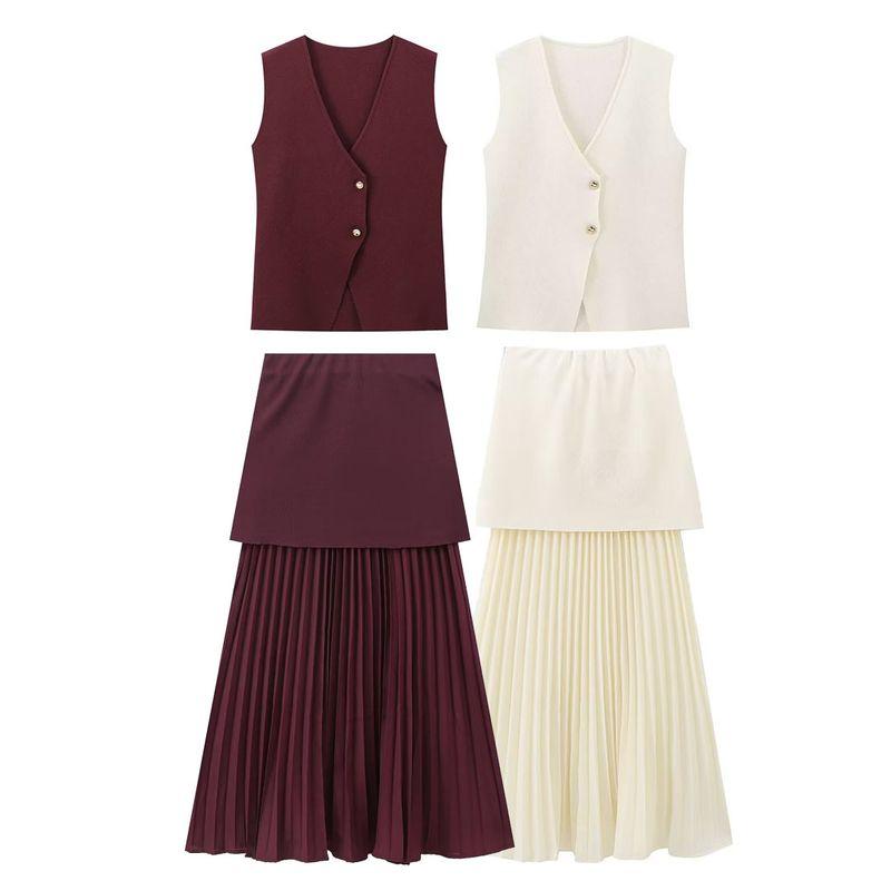 Kaslead New Arrival Women's Fashion Style Fashion Two-Color Knitted Vest Patchwork Half-Length Dress Suit