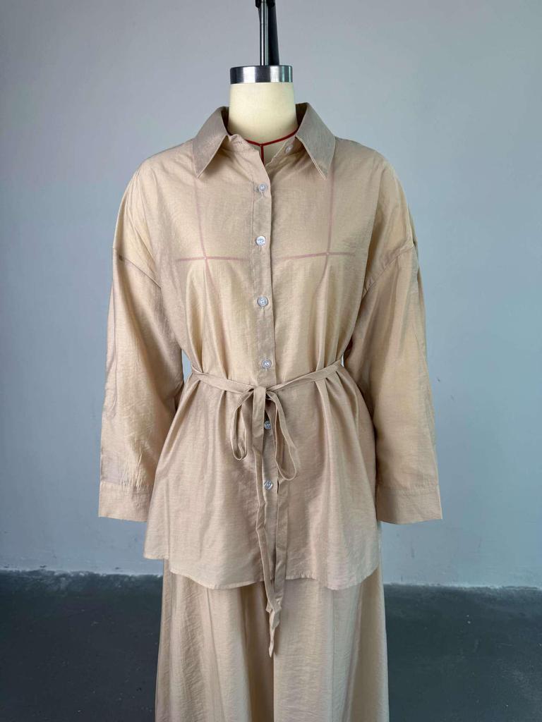 European & American Women's Spring/Summer 2025 Fashion: Loose Turn-down Collar Long-Sleeve Shirt & High-Waist Midi Skirt Set