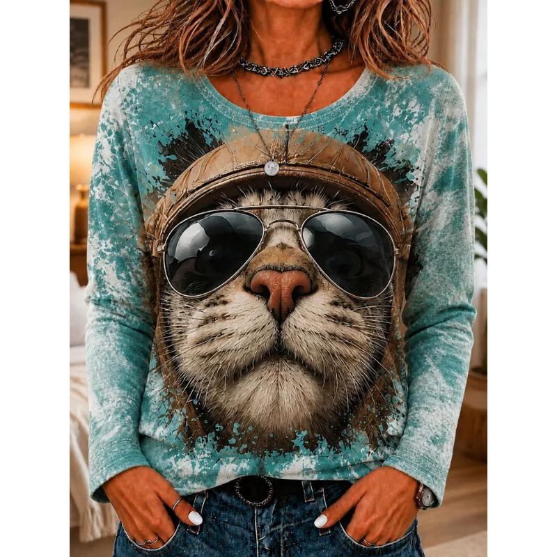 Fashion Women's Crew Neck Long Sleeve 3D Casual Color Printing Casual Long Sleeve Crew Neck T-Shirt