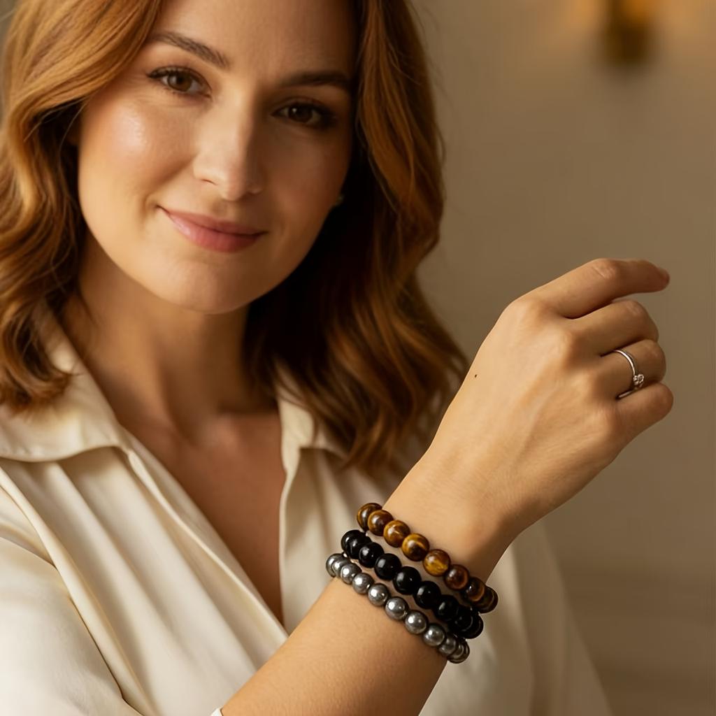 3pcs Mixed Material Bracelet Set | 8mm Tiger Eye + Ferromagnetic + Obsidian Beads, Handmade Elastic Spiritual Additions, Suitable