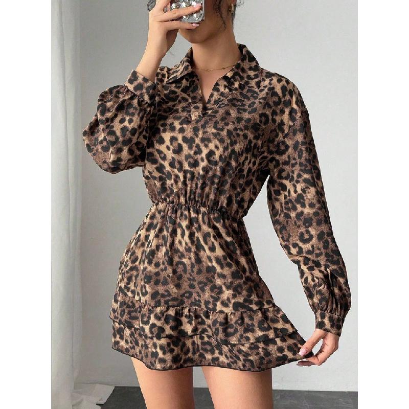 Women's 2026 Spring Winter Leopard Print Satin Dress with Elastic Waist and Slimming Effect