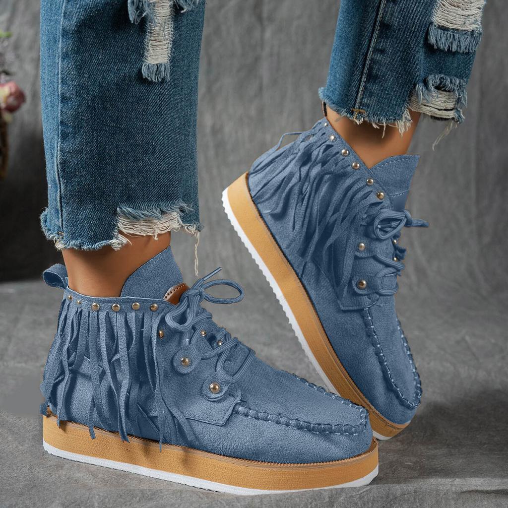 Platform Thick Soled Tassel Women's Short Boots Fashionable And Casual Retro Outdoor Lace up Boots for Women with Heel Suede