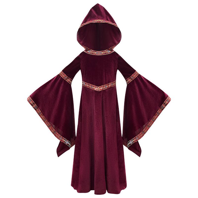 

Детский средневековый придворный костюм для шоу ведьмы, волшебника, платье с капюшоном L бордовый