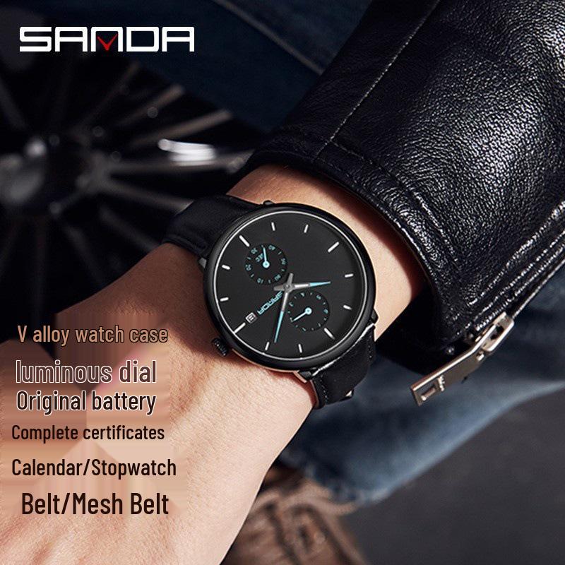 SANDA Men's 3D Leather Strap Waterproof Quartz Mesh Wristwatch - Fashionable & Trendy Calendar Design