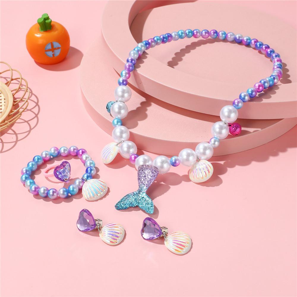 5Pcs Cute Mermaid Tail Necklace Bracelet Set Kids Colorful Acrylic Faux Pearl Beads Jewelry Princess Gift for Kids Girls