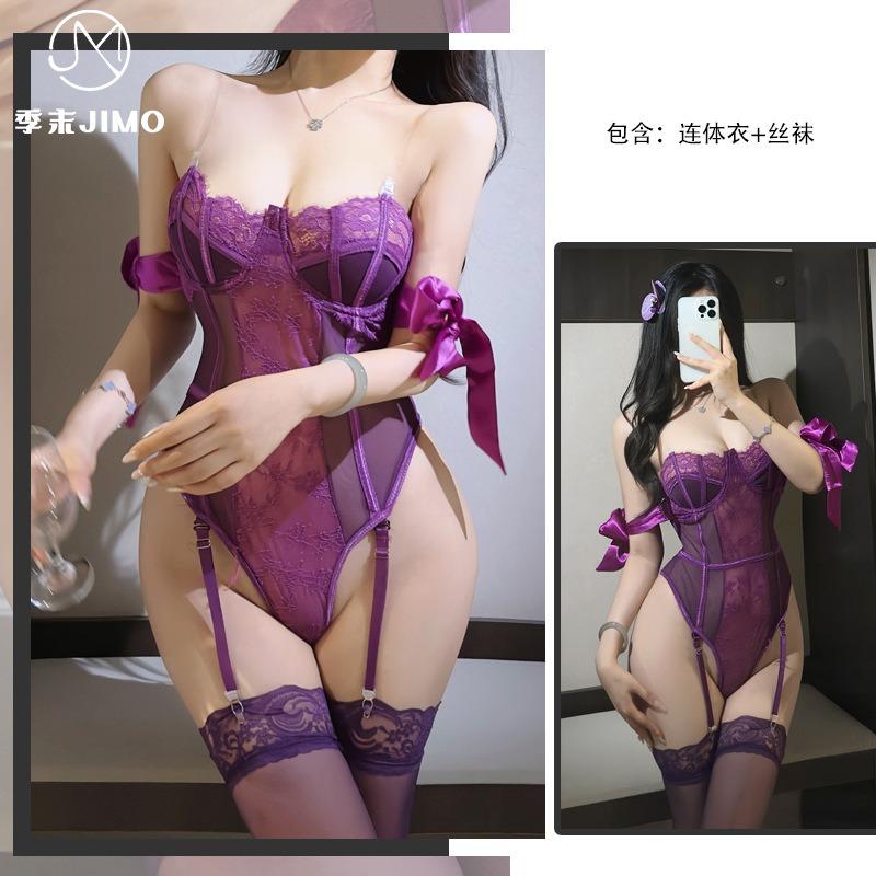 Sexy Underwear Extra Large Size Romantic Lace Tube Top Satin Strap Bow Sexy Perspective Onesie Women