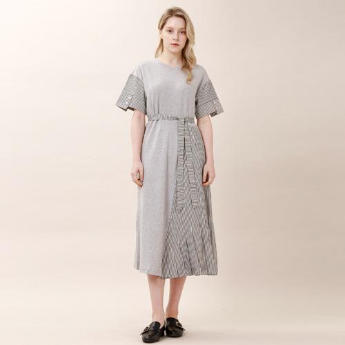 Bunderghost Striped Color Block Asymmetrical Short Sleeve Long Dress (Gray)