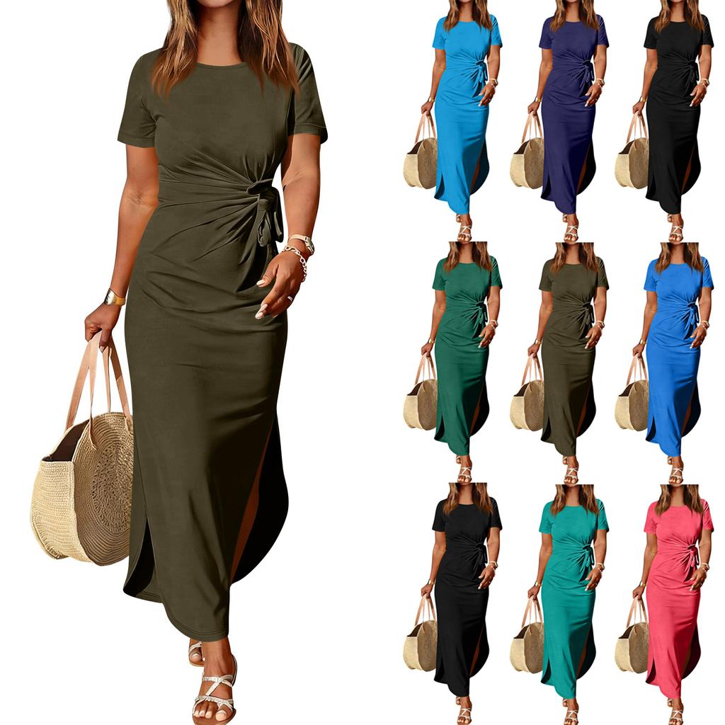 Women's Casual Loose Round-neck Short-sleeved Skirt With Slit At The Hem And Mid-length Design