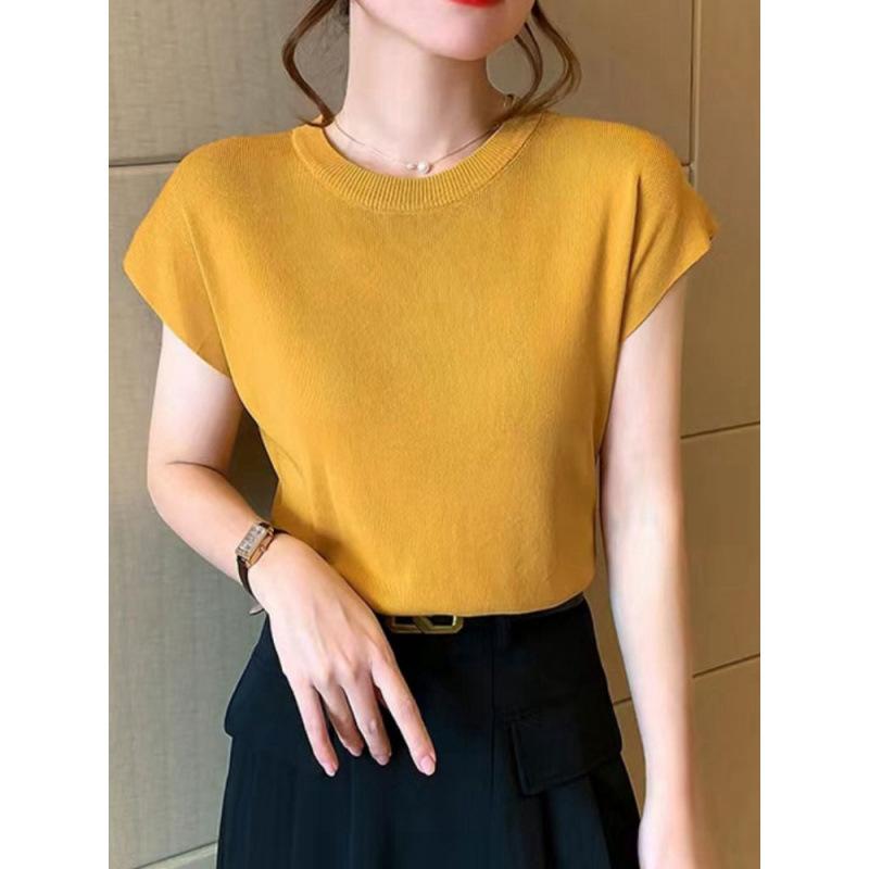 New ice silk knitted sweater women's summer thin shoulder sleeves loose and thin round neck short-sleeved bottoming top