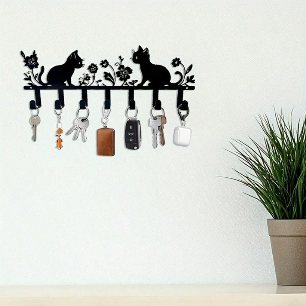 Metal Wall Hook Decorative Key Holder Cute Cat Flower Keychain Lacquered Finish Easy Install