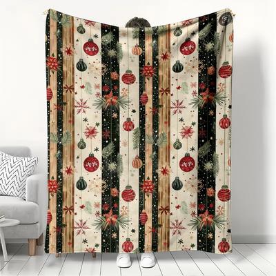 Christmas Ornament Striped Fleece Blanket, Retro Bauble Snowflake Poinsettia Printed Throw Blanket, Soft Cozy Festive Home Gift