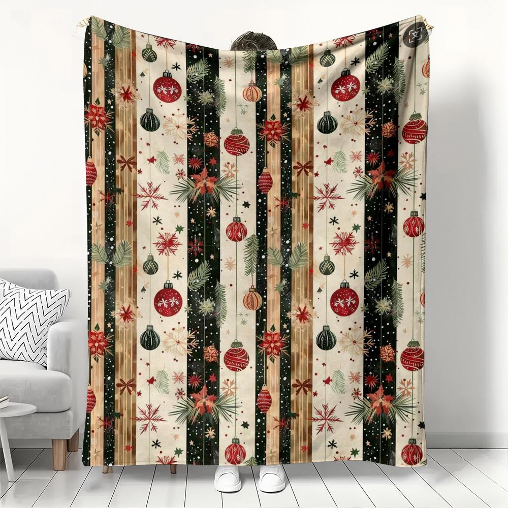 

Christmas Ornament Striped Fleece Blanket, Retro Bauble Snowflake Poinsettia Printed Throw Blanket, Soft Cozy Festive Home Gift 30x40in