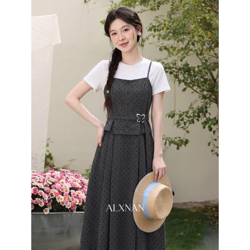 Women s French Polka Dot A-Line Maxi Dress M