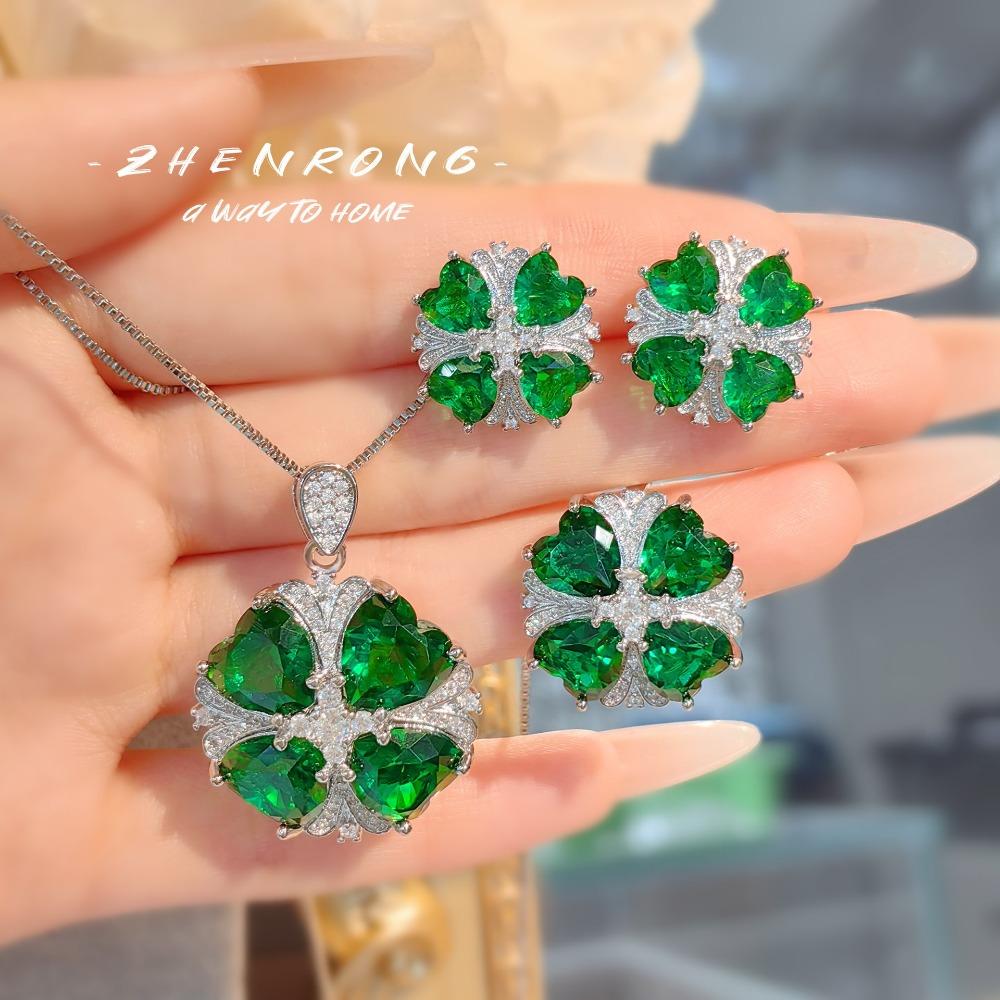 Fashion Jewelry Set Necklace Earring Heart Clover Pendant Green Simulated Emerald Diamond Earrings Flower Ring for Women