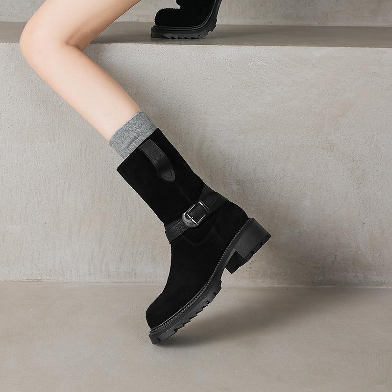 Krazing Pot Fashion Cow Suede Nubuck Winter Round Toe Modern Boots Med Heels Zipper Metal Buckle Mid-calf Boots