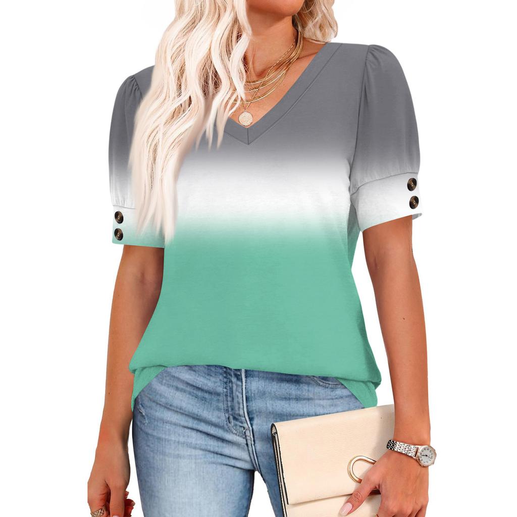 Womens Tops Short Sleeve Shirts Buttons V Neck  Fashion Outfits  Blouses  Casual