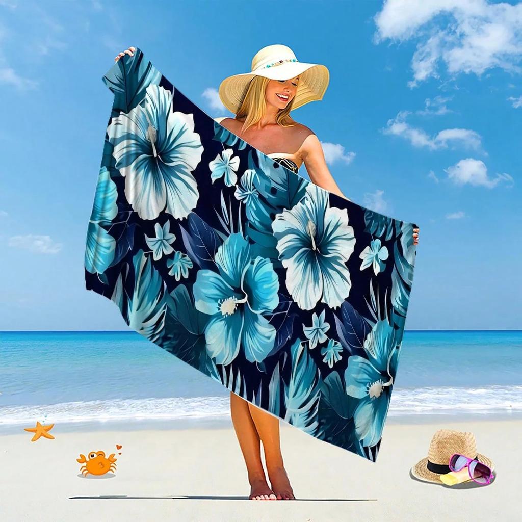 1pc Tropical Blue Hibiscus Flower Print Quick Dry Lightweight Breathable Comfortable Beach Towel for Summer Pool and Outdoor