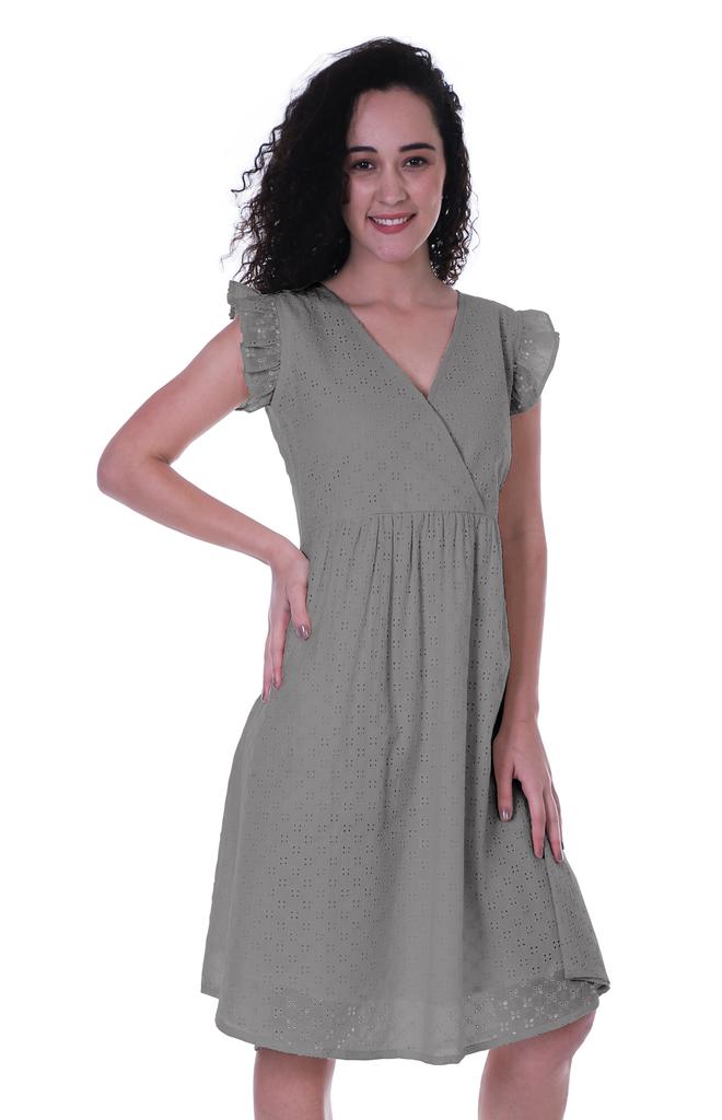 Moomaya Schiffli Dress Frill Sleeve W  V-neck Casual Relaxed Summer Garden